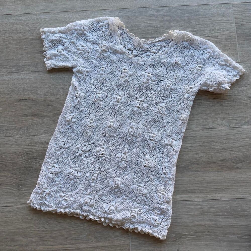 Vintage White Sheer Crochet Floral Top Women's Small Grandma Cottage Fairy Poet